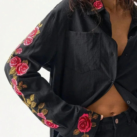 Black Casual Women's Loose Woven Asymmetrical Hem Long Sleeve Long Shirt - Picture 2 of 7